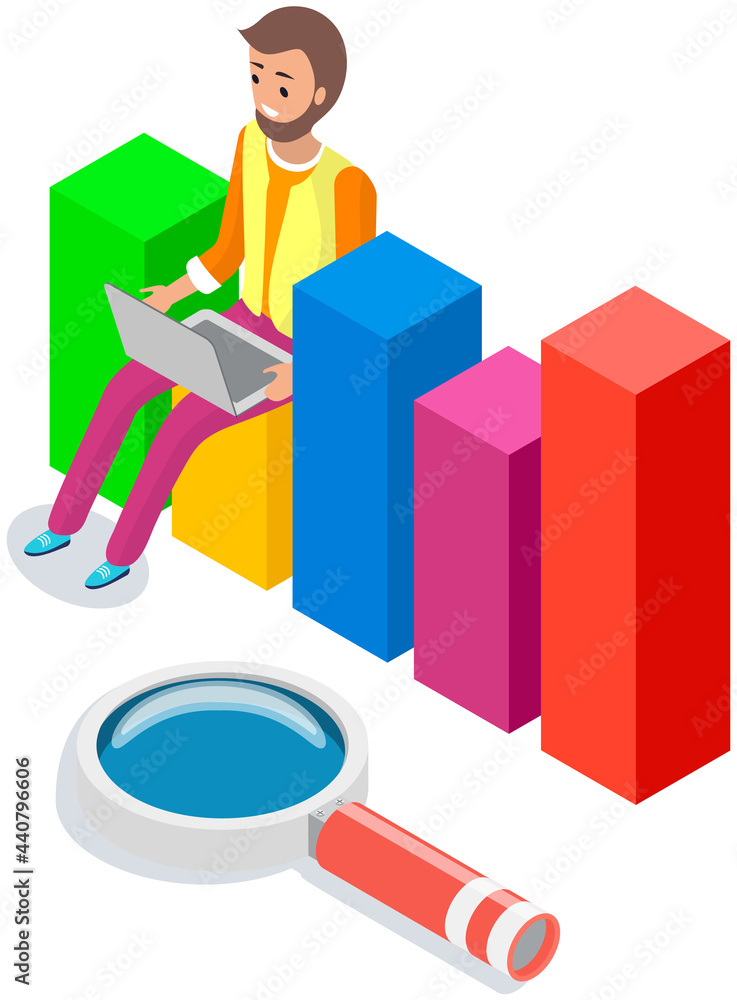Aufkleber male analyst sitting on column bar chart and working on laptop computer. statistical or financial da