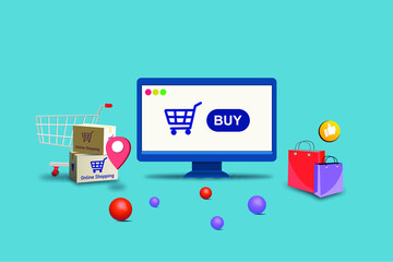 sales concept online shopping Online shopping business via the Internet, smartphones, laptops and computers. Vector illustration.