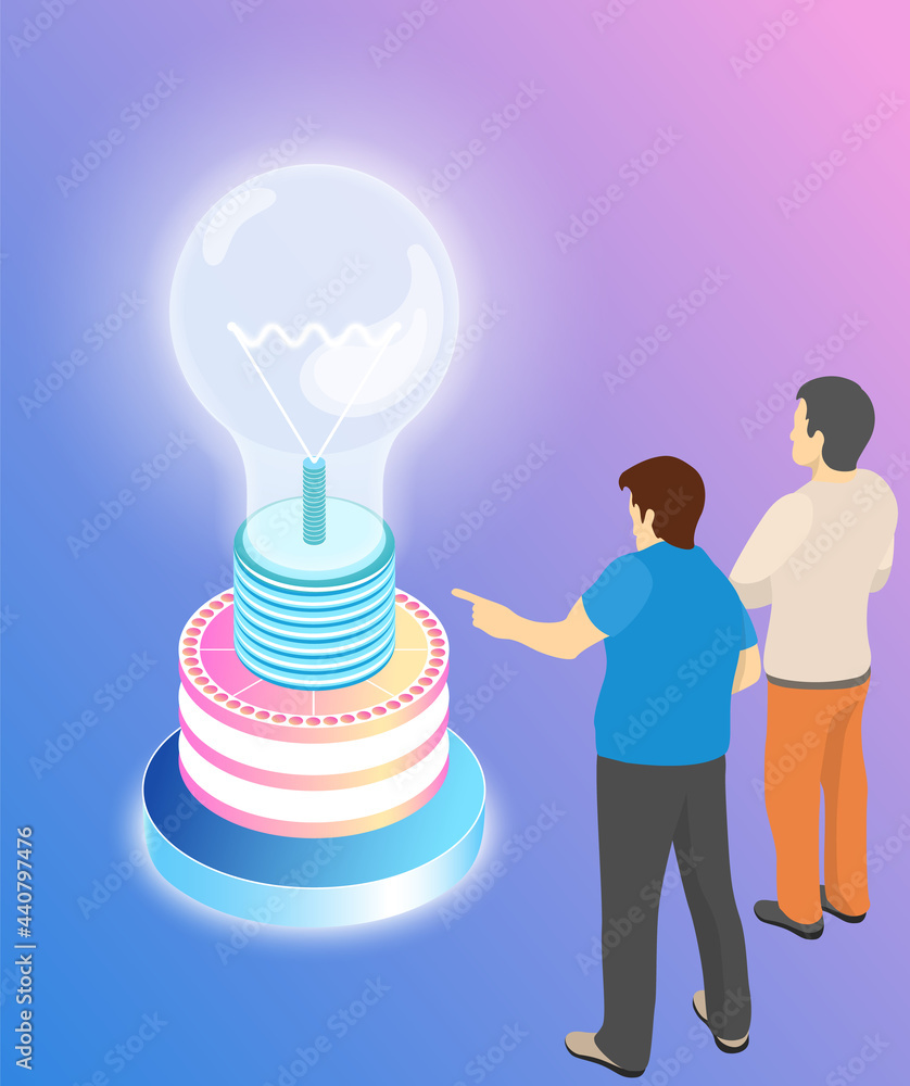 Poster people work with information and data. idea symbol in form of lightbulb. colleagues communicate and 
