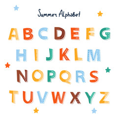 Doodle  colorful summer alphabet. Perfect for the design of mugs, gifts, textiles, cards, banners, posters, web and more