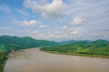 Fototapeta premium Beautiful landscape view of mekong river from Chiangkhan Glass skywalk at Phu khok ngio big buddha chiang khan district loei thailand.New landmark of chiangkhan district