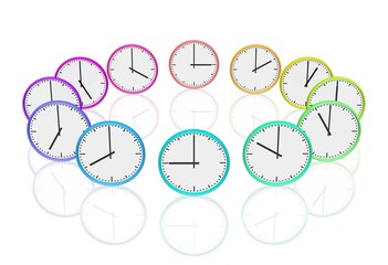 Ein Kreis aus bunten Uhren, welche volle Stunden anzeigen