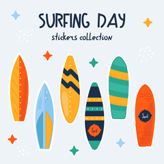 Surfing day stickers collection. Doodle colorful summer set with cute icons. Perfect for the design of mugs, gifts, textiles, cards, banners, posters, web and more