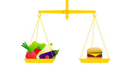 Healthy food concept. The balance scales with vegetables and junk food. Vintage gold scales with bowls. Harmony of healthy and unhealthy food. Modern vector illustration.