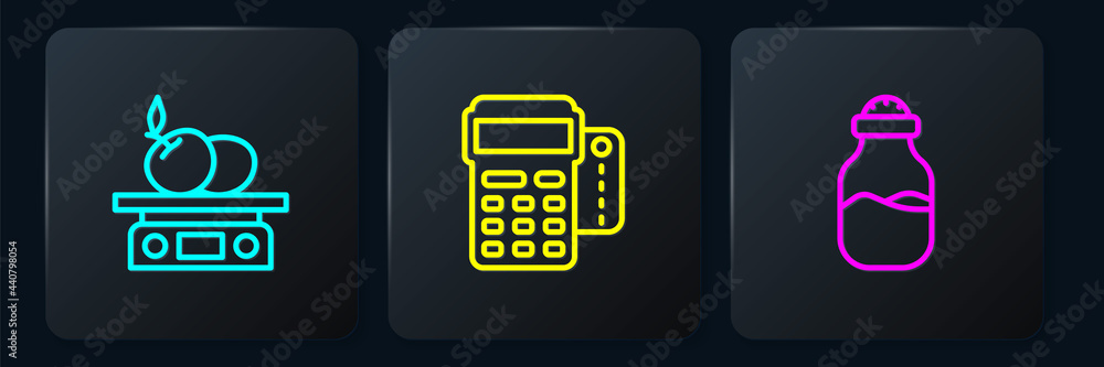 Poster set line electronic scales for product, spice in can and pos terminal with credit card. black square