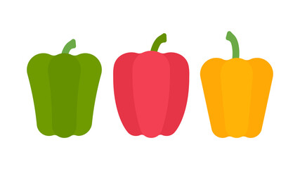 Paprika. Minimal style set of bell pepper. Minimalistic green, red, yellow pepper, side view. Abstract vegetables on white background. Modern minimalistic template design, agricultural product.