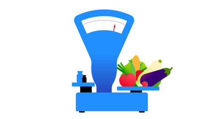 The old fashioned scales with fresh vegetables. Equipment for farmers market, grocery, street trading. The old scales to weigh commodities from the communist past. Modern vector illustration.