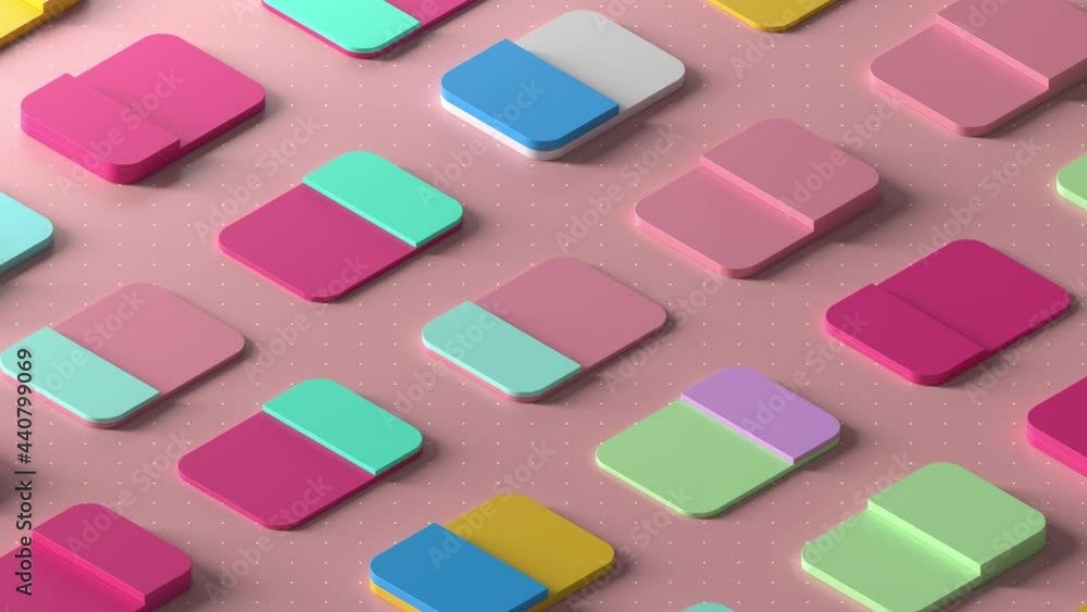 Poster colorful 3d render abstract. cards on the surface with dot pattern. isometric. loopable animation