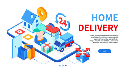 Home delivery - modern colorful isometric web banner