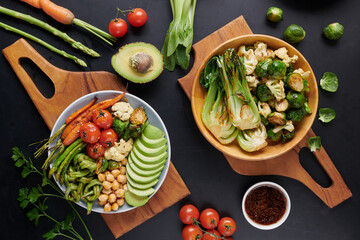Vegetarian Buddha bowl with fresh vegetable salad and chickpea. Vegetarian and vegan food concept. Healthy eating.