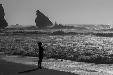 A silhouette of a woman staring out to sea on a rocky beach
