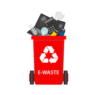 Trash can with recyclable waste sign and e-waste waste