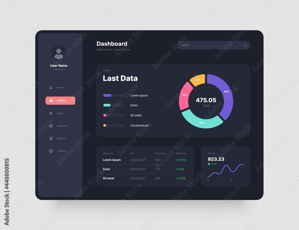 Poster dashboard design in dark colors. app interface with ui and ux elements. use design for web applicati