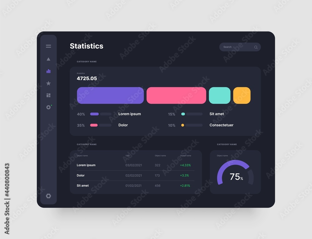 Poster dashboard design in dark colors. app interface with ui and ux elements. use design for web applicati