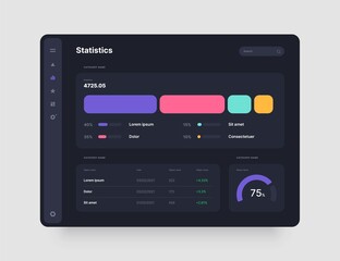 Dashboard design in dark colors. App interface with UI and UX elements. Use design for web application, desktop app or website.