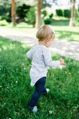 Kid walks on the green grass in the park. Side view