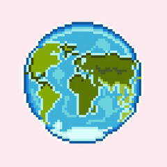 Earth pixel art. Pixelated planet. Vector illustration on a white background