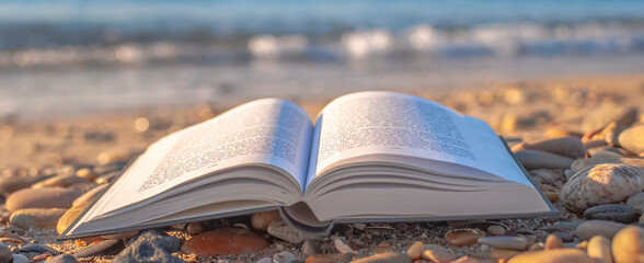 Zénitude sur la plage. Livre ouvert sur une plage.	