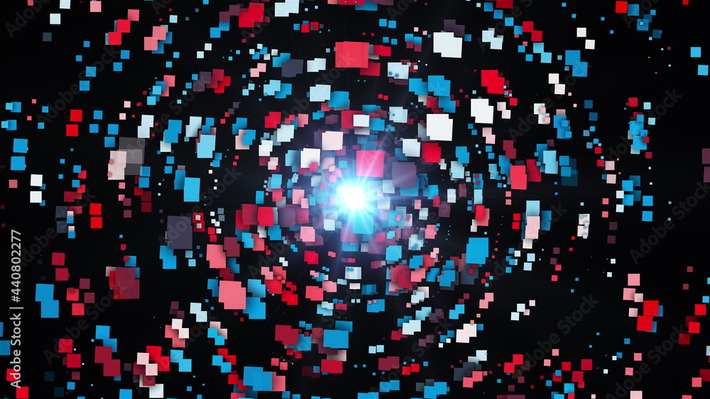 Poster geometric round dance 3d render of squares with bright light in center. futuristic technology cubes 
