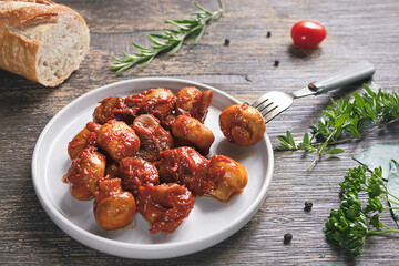 A plate with greek style mushrooms, bread, condiments and spices on a dark wooden background