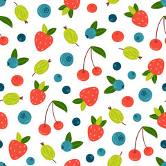 Cute summer pattern with garden berries - strawberries, cherries, gooseberries and blueberries on  white background. Hand-drawn vector ripe berries in cartoon style. Print for textile