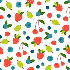 Obraz premium Cute summer pattern with garden berries - strawberries, cherries, gooseberries and blueberries on white background. Hand-drawn vector ripe berries in cartoon style. Print for textile