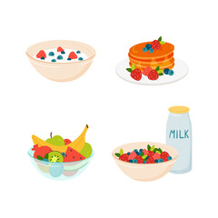 Complete healthy morning breakfasts set - porridge, pancakes with berries and honey, a bowl of fruit. Vector hand-drawn cartoon illustration of organic natural food. Healthy eating concept