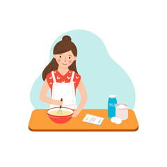 Young housewife prepares a recipe in the kitchen, stirring the dough in a bowl on the table. Cute lady in  white apron prepares baking ingredients on the table. Vector cartoon illustration, copy space