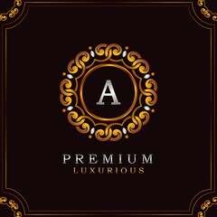 Golden Premium Luxury Mandala Badge Letter A Logo Design. Elegance Ornate Decoration Mandala Badge On Golden Frame .