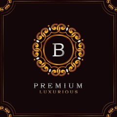 Golden Premium Luxury Mandala Badge Letter B Logo Design. Elegance Ornate Decoration Mandala Badge On Golden Frame .