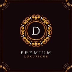 Golden Premium Luxury Mandala Badge Letter D Logo Design. Elegance Ornate Decoration Mandala Badge On Golden Frame .