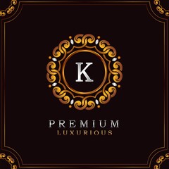 Golden Premium Luxury Mandala Badge Letter K Logo Design. Elegance Ornate Decoration Mandala Badge On Golden Frame .
