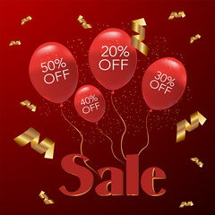 Nice red balloons for sale events on a red background with gold confetti