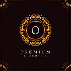 Golden Premium Luxury Mandala Badge Letter O Logo Design. Elegance Ornate Decoration Mandala Badge On Golden Frame .