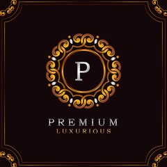 Golden Premium Luxury Mandala Badge Letter P Logo Design. Elegance Ornate Decoration Mandala Badge On Golden Frame .