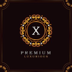 Golden Premium Luxury Mandala Badge Letter X Logo Design. Elegance Ornate Decoration Mandala Badge On Golden Frame .
