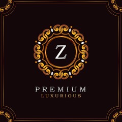 Golden Premium Luxury Mandala Badge Letter Z Logo Design. Elegance Ornate Decoration Mandala Badge On Golden Frame .