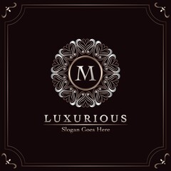 Elegance Ornate Luxury Mandala Badge Letter M Logo Design Decorative Frame Template