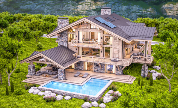 3d rendering of modern cozy chalet with pool and parking for sale or rent.  Massive timber beams columns. Beautiful forest mountains on background. Clear summer evening with cozy light from window