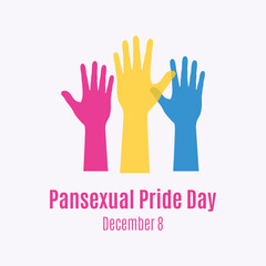 Fototapeta premium Pansexual Pride Day vector. Pansexual pride flag in shape of a human hand silhouette vector. Colored raised hands up shape vector. LGBT design element. Pansexual Pride Day Poster, December 8