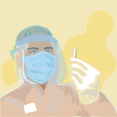 Doctor man in protective clothing holds a vaccine against coronavirus