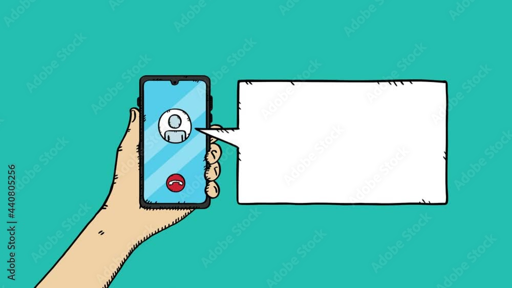 Poster 4k animation of hand holding mobile phone and speech bubble. animation is in sketch style with color