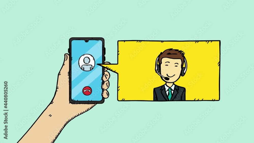 Poster 4k animation of hand holding mobile phone and speech bubble with talking customer service man in it.