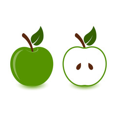 Green apple icon, whole and halved fruit.Vector illustration in flat design.