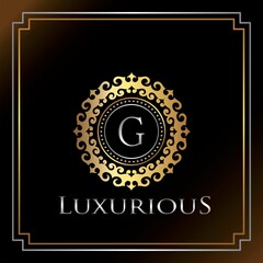 Gold Luxury Ornate Badge G Logo Letter. Elegance Ornate Decorative Luxury Initial Logo Template.