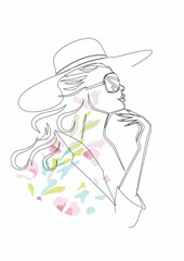 Abstract silhouette of a beautiful woman in hat in line art style,decorated with watercolor spots and flowers, leaves. Hand drawn  vector illustration.