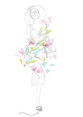 Abstract silhouette of a beautiful woman in hat in line art style,decorated with watercolor spots and flowers, leaves. Hand drawn  vector illustration.