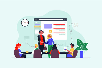 People gathering in meeting room and giving greeting.