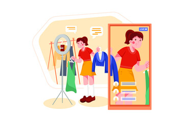 Influencer girl broadcasting live video at home. Women selling clothes online