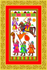 worriers getting ready or heading for war,  Kalamkari Indian traditional folk art on linen fabrics